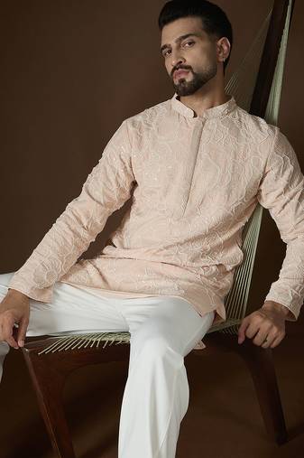 Men's peach georgette kurta | solid embroidered ethnic kurta | stylish traditional indian kurta for festive & party wear