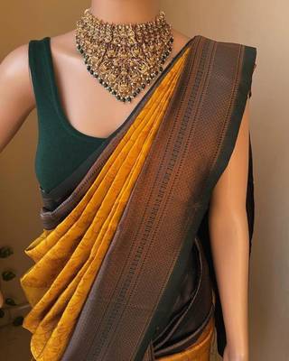 Yellow green silk blend jacuard work festival saree with unstitched blouse piece 2