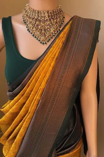 Yellow green silk blend jacuard work festival saree with unstitched blouse piece