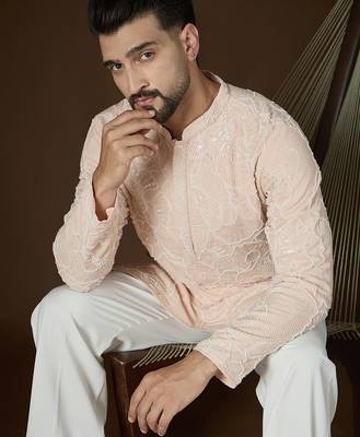 Men's peach georgette kurta | solid embroidered ethnic kurta | stylish traditional indian kurta for festive & party wear 2