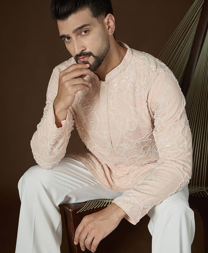 Men's peach georgette kurta | solid embroidered ethnic kurta | stylish traditional indian kurta for festive & party wear