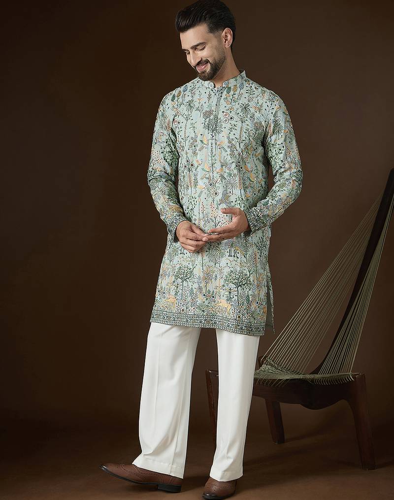 Men's sea green georgette kurta | solid embroidered ethnic kurta | stylish traditional indian kurta for festive & party