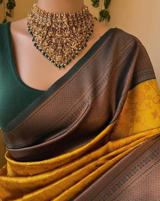 Yellow green silk blend jacuard work festival saree with unstitched blouse piece 3