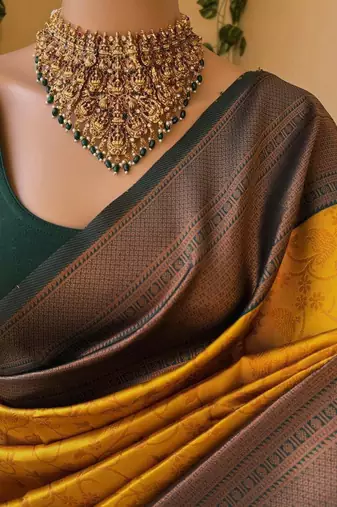 Yellow green silk blend jacuard work festival saree with unstitched blouse piece