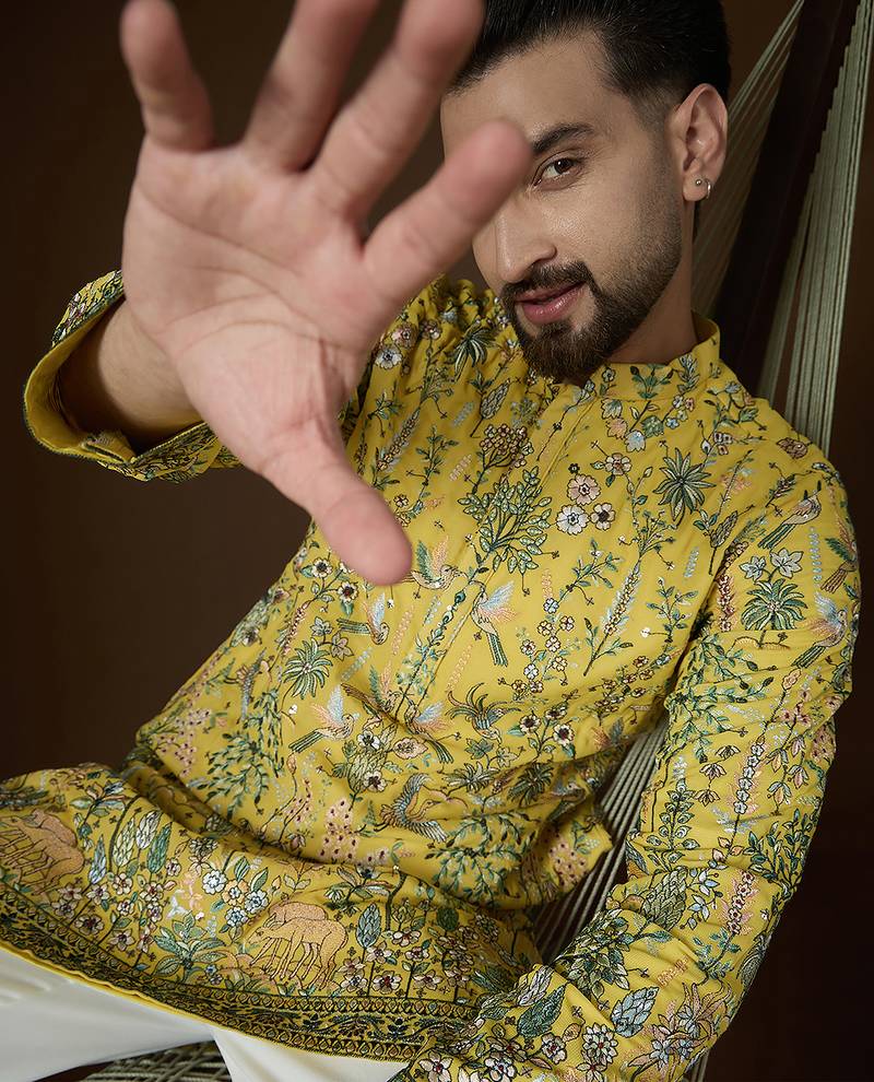 Men's yellow georgette kurta | solid embroidered ethnic kurta | stylish traditional indian kurta for festive & party