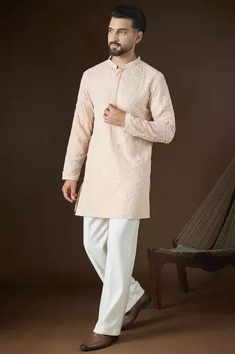 Men's peach georgette kurta | solid embroidered ethnic kurta | stylish traditional indian kurta for festive & party wear