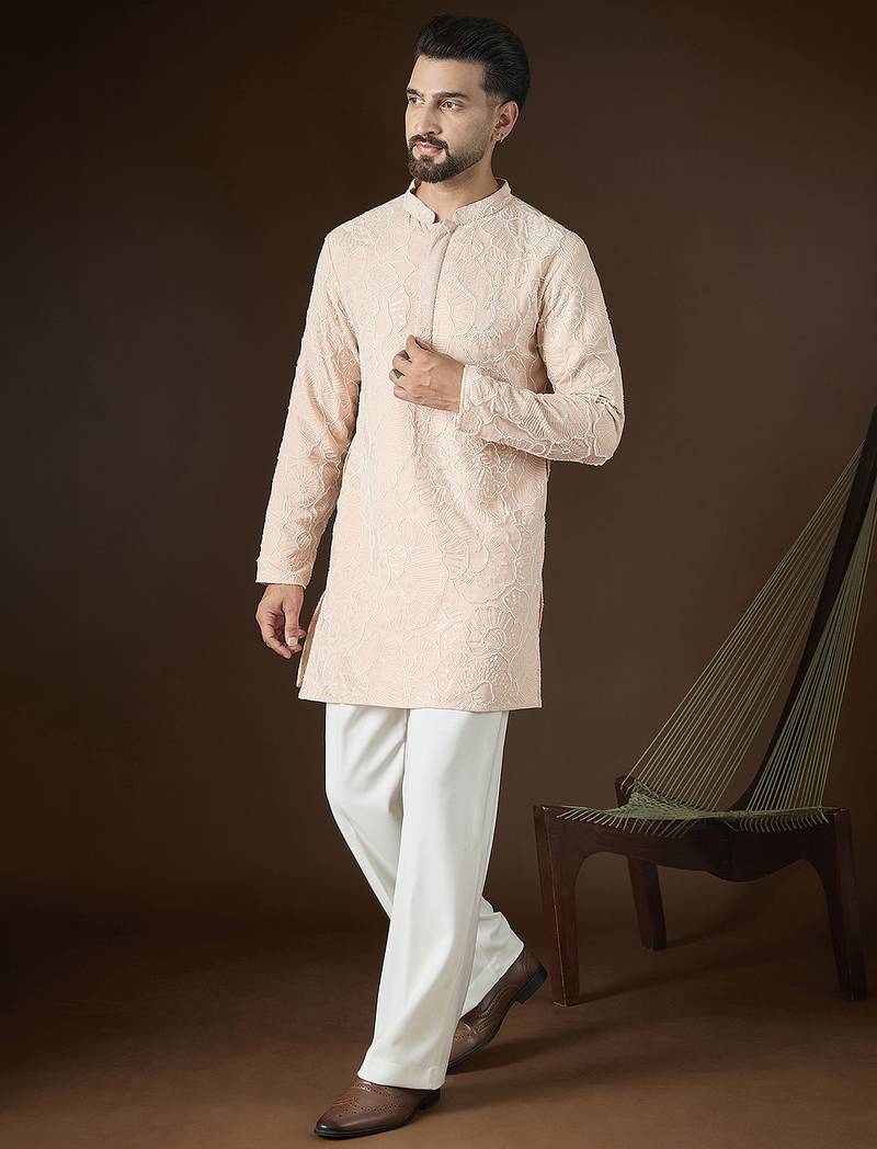 Men's peach georgette kurta | solid embroidered ethnic kurta | stylish traditional indian kurta for festive & party wear