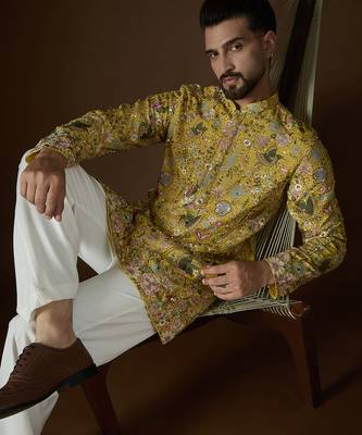 Men's yellow georgette kurta | solid embroidered ethnic kurta | stylish traditional indian kurta for festive & party 1
