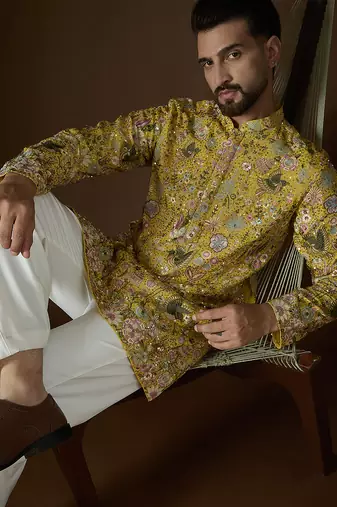 Men's yellow georgette kurta | solid embroidered ethnic kurta | stylish traditional indian kurta for festive & party