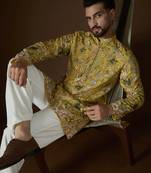 Men's yellow georgette kurta | solid embroidered ethnic kurta | stylish traditional indian kurta for festive & party