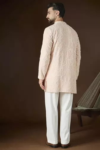 Men's peach georgette kurta | solid embroidered ethnic kurta | stylish traditional indian kurta for festive & party wear