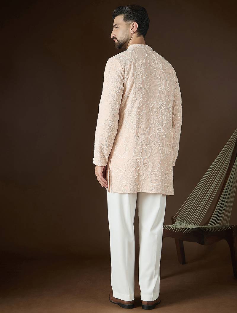 Men's peach georgette kurta | solid embroidered ethnic kurta | stylish traditional indian kurta for festive & party wear