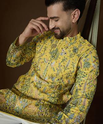 Men's yellow georgette kurta | solid embroidered ethnic kurta | stylish traditional indian kurta for festive & party 3