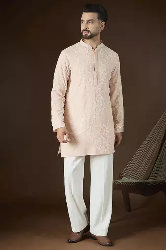 Men's peach georgette kurta | solid embroidered ethnic kurta | stylish traditional indian kurta for festive & party wear