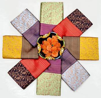 Yellow green silk blend jacuard work festival saree with unstitched blouse piece 5