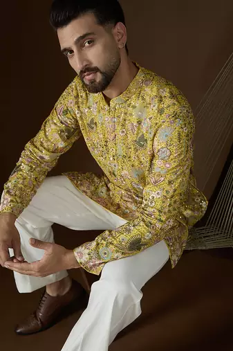 Men's yellow georgette kurta | solid embroidered ethnic kurta | stylish traditional indian kurta for festive & party