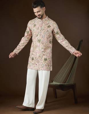 Men's peach georgette kurta | solid embroidered ethnic kurta | stylish traditional indian kurta for festive & party wear 1