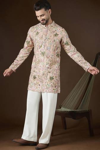 Men's peach georgette kurta | solid embroidered ethnic kurta | stylish traditional indian kurta for festive & party wear