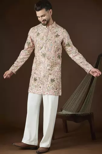 Men's peach georgette kurta | solid embroidered ethnic kurta | stylish traditional indian kurta for festive & party wear