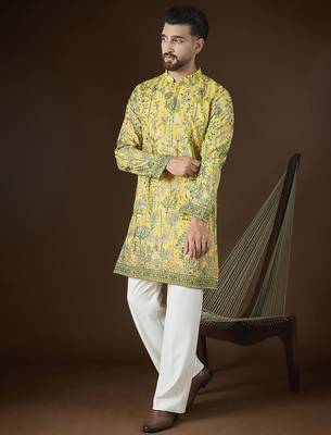 Men's yellow georgette kurta | solid embroidered ethnic kurta | stylish traditional indian kurta for festive & party 4