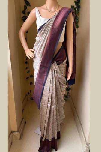 White blue silk blend jacuard work festival saree with unstitched blouse piece