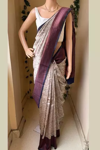 White blue silk blend jacuard work festival saree with unstitched blouse piece