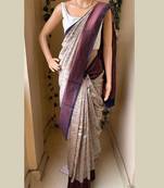 White blue silk blend jacuard work festival saree with unstitched blouse piece