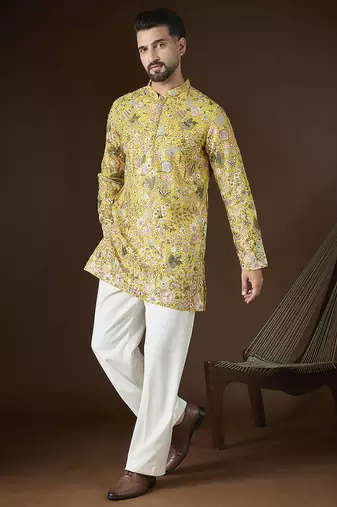 Men's yellow georgette kurta | solid embroidered ethnic kurta | stylish traditional indian kurta for festive & party