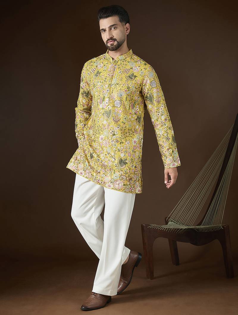 Men's yellow georgette kurta | solid embroidered ethnic kurta | stylish traditional indian kurta for festive & party