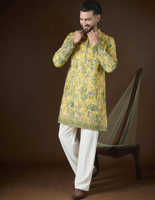 Men's yellow georgette kurta | solid embroidered ethnic kurta | stylish traditional indian kurta for festive & party 5