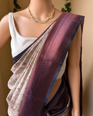 White blue silk blend jacuard work festival saree with unstitched blouse piece 2