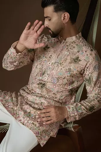 Men's peach georgette kurta | solid embroidered ethnic kurta | stylish traditional indian kurta for festive & party wear