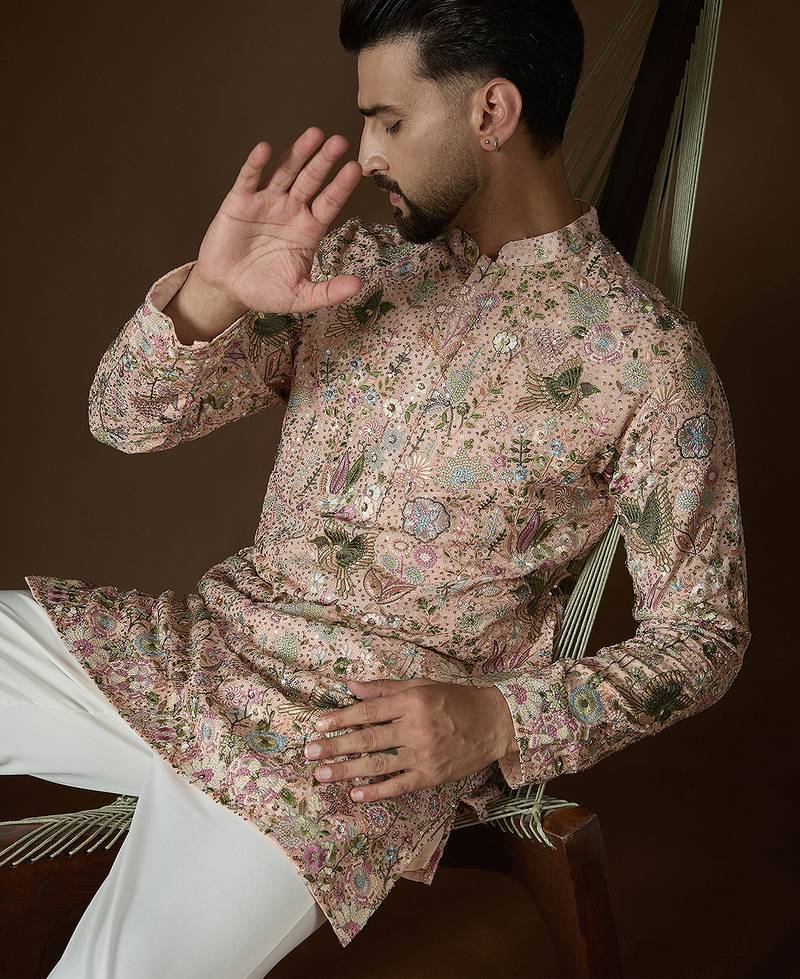 Men's peach georgette kurta | solid embroidered ethnic kurta | stylish traditional indian kurta for festive & party wear