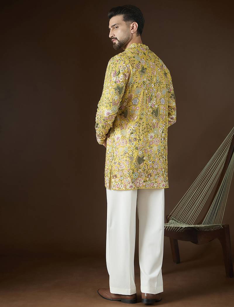 Men's yellow georgette kurta | solid embroidered ethnic kurta | stylish traditional indian kurta for festive & party