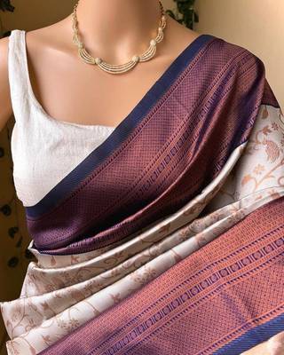 White blue silk blend jacuard work festival saree with unstitched blouse piece 3