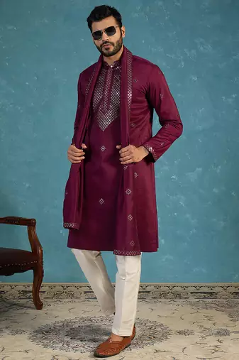 Men's purple silk blend ethnic motifs embroidered kurta with dupatta | traditional ethnic kurta set | festive & wedding