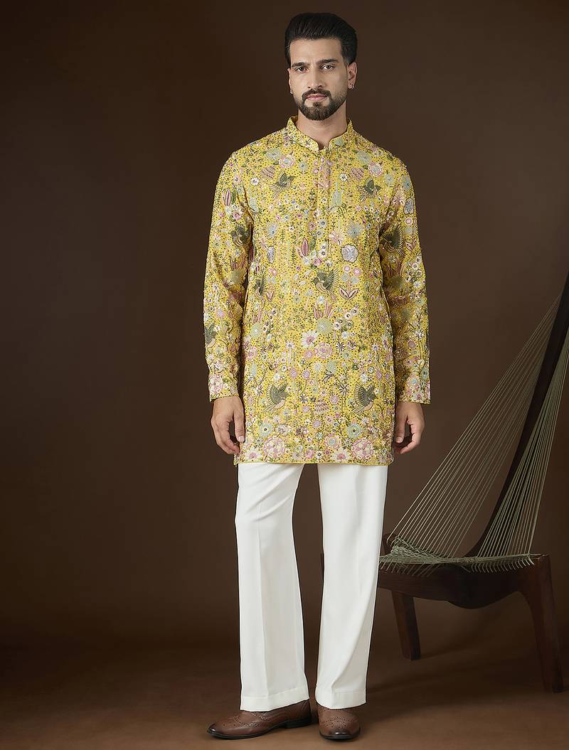 Men's yellow georgette kurta | solid embroidered ethnic kurta | stylish traditional indian kurta for festive & party