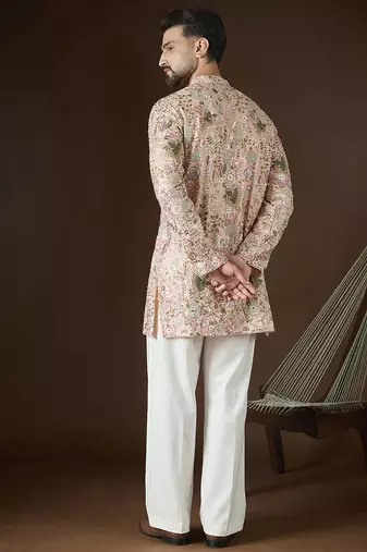 Men's peach georgette kurta | solid embroidered ethnic kurta | stylish traditional indian kurta for festive & party wear