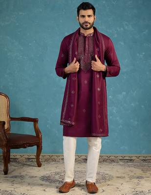Men's purple silk blend ethnic motifs embroidered kurta with dupatta | traditional ethnic kurta set | festive & wedding 2
