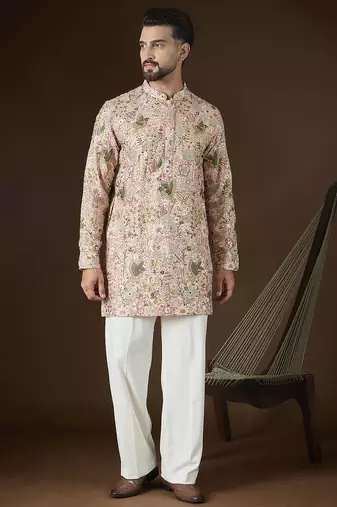 Men's peach georgette kurta | solid embroidered ethnic kurta | stylish traditional indian kurta for festive & party wear