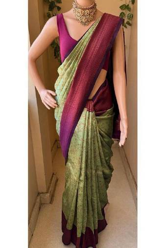 Pista wine silk blend jacuard work festival saree with unstitched blouse piece
