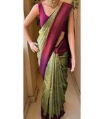 Pista wine silk blend jacuard work festival saree with unstitched blouse piece