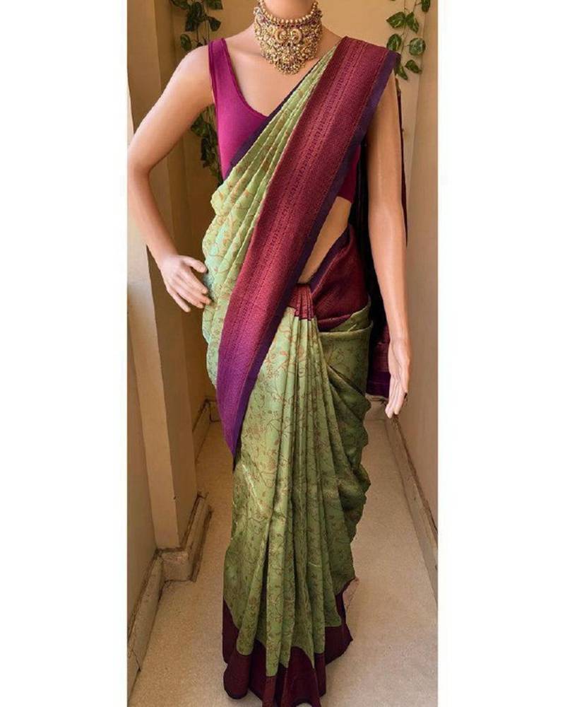 Pista wine silk blend jacuard work festival saree with unstitched blouse piece