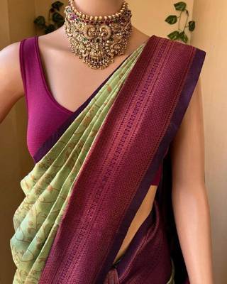 Pista wine silk blend jacuard work festival saree with unstitched blouse piece 2