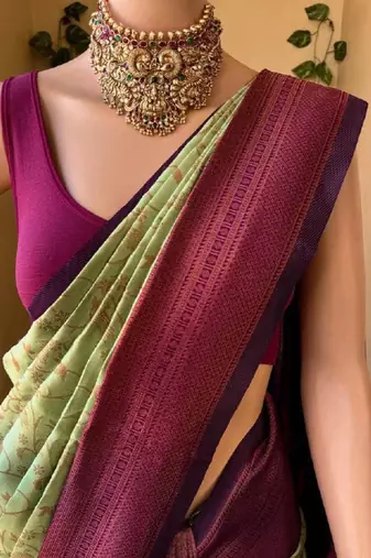 Pista wine silk blend jacuard work festival saree with unstitched blouse piece