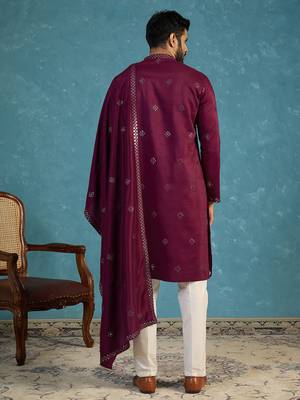 Men's purple silk blend ethnic motifs embroidered kurta with dupatta | traditional ethnic kurta set | festive & wedding 4