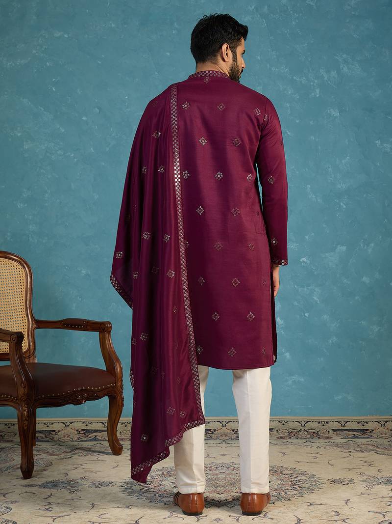 Men's purple silk blend ethnic motifs embroidered kurta with dupatta | traditional ethnic kurta set | festive & wedding