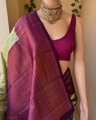 Pista wine silk blend jacuard work festival saree with unstitched blouse piece 3