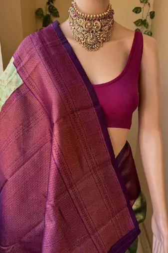 Pista wine silk blend jacuard work festival saree with unstitched blouse piece