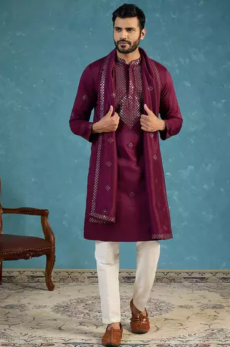 Men's purple silk blend ethnic motifs embroidered kurta with dupatta | traditional ethnic kurta set | festive & wedding